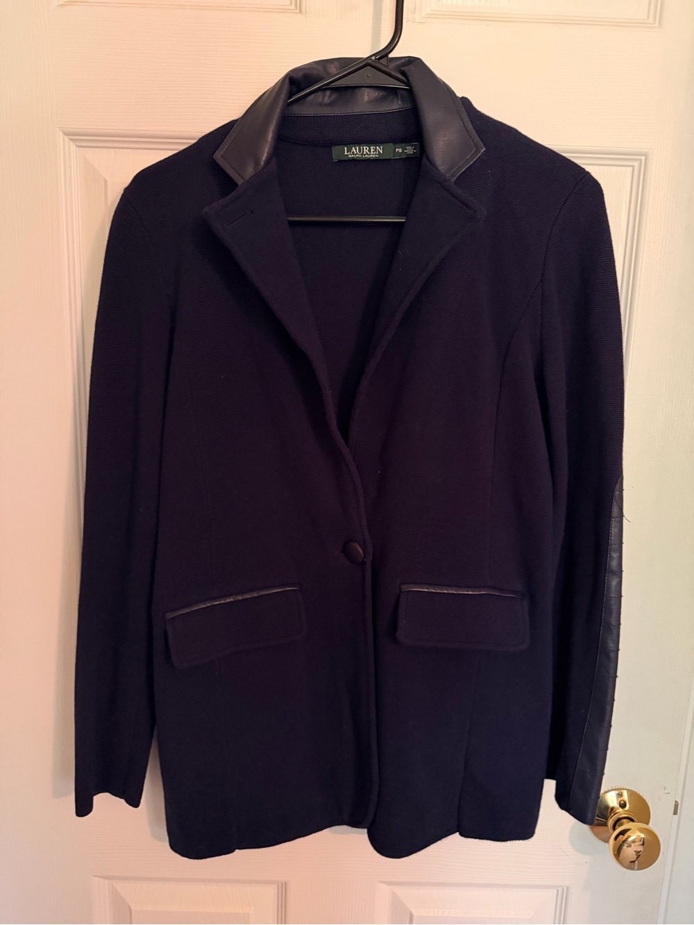 Ralph Lauren Black Knit Blazer with Leather-Trim Collar and Sleeves